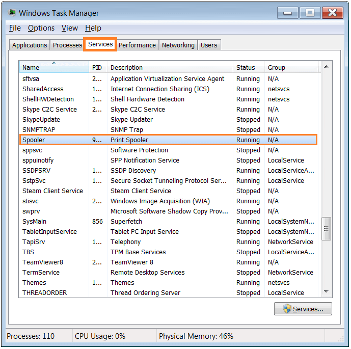 Print Spooler - Task Manager - Services tab - WindowsWally