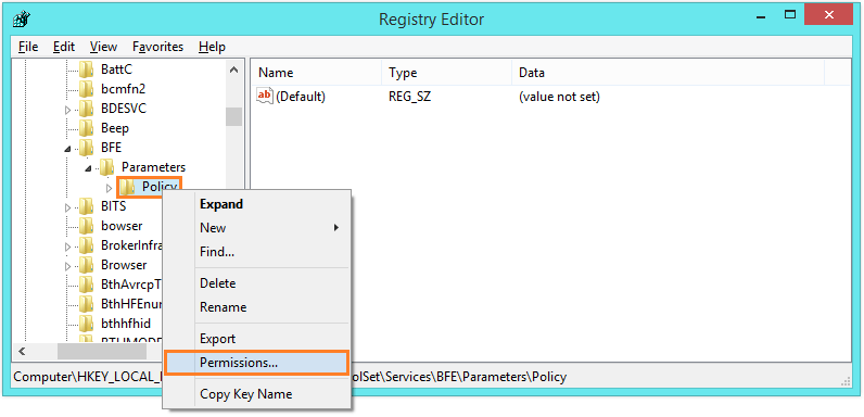 Base Filtering Engine - regedit - permissions -- Windows Wally