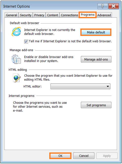 Microsoft Security Essentials - Internet Explorer 10 - Internet Options - Programs tab - Make default - WindowsWally