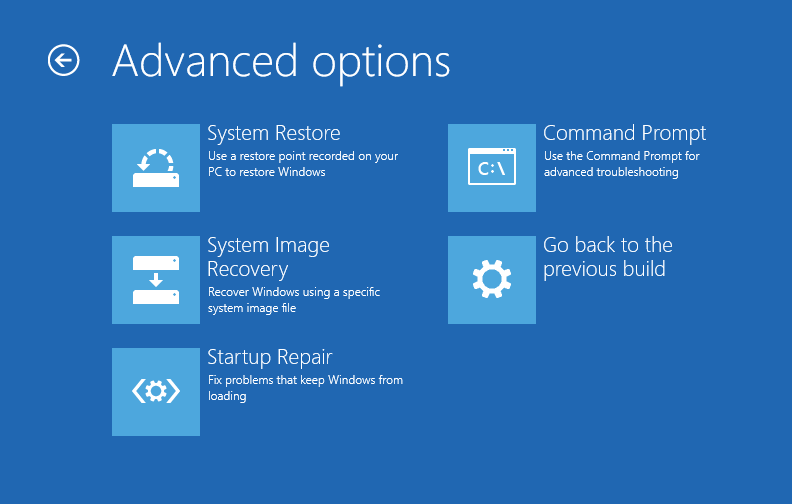 0x0000007E - Fix Windows 10 - Screen 3 - Troubleshoot (screen) - Advanced Options (screen) -- Windows Wally