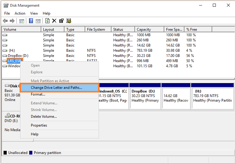 Windows 10 - Disk management - Right-click - Change Drive Letter and Paths... - WindowsWally