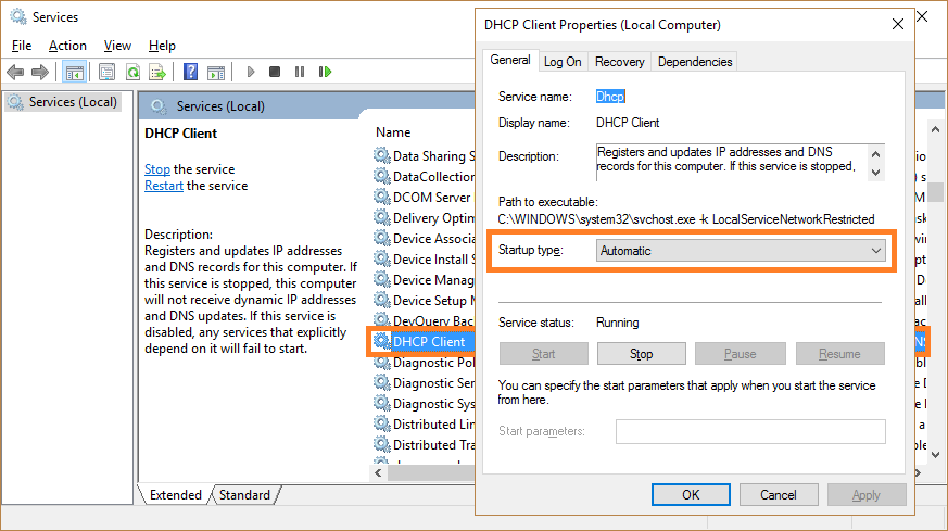 run dhcp client windows 10