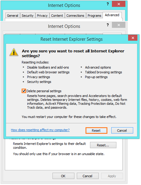 Internet Explorer stops - Internet Options - Advanced - Reset - Reset -- Windows Wally