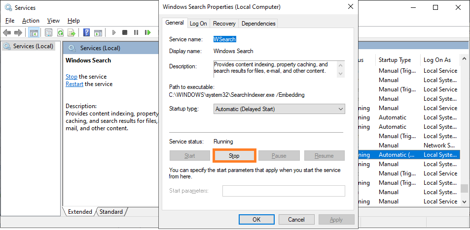 100 Disk Usage -- services.msc - Windows Search - Properties - Windows Wally